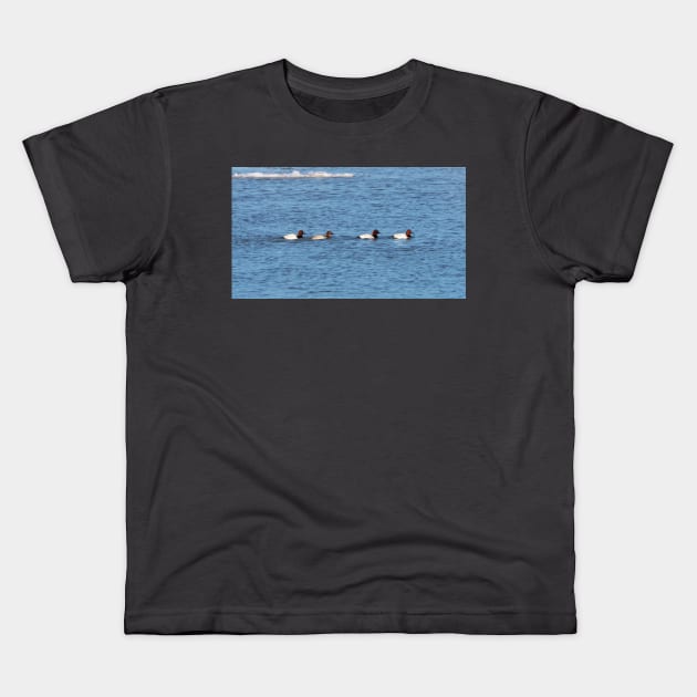 Canvasback Ducks Swimming Along a River Kids T-Shirt by BackyardBirder